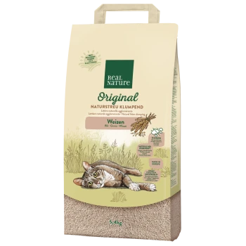 Zak Real Nature Original klonterende kattenbakvulling op basis van tarwe (Weizen), 5,4 kg, illustratie van een liggende gestreepte kat en graanafbeelding