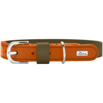 Oranges Lederhalsband mit oliv-braunem Innenfutter, silberner Schnalle und D-Ring, Metalllogo HUNTER