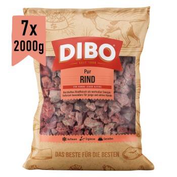 DIBO Rindfleisch Hundefutterverpackung, mit einem 2000 g gefrorenen Rindfleischmix, gekennzeichnet als Ergänzungsfutter für Hunde, mit einem roten Kreis, der "7x" angibt.