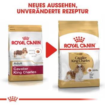Vergleich der Verpackung von Royal Canin Cavalier King Charles Hundefutter, mit neuem Design und unverändertem Rezept, mit Text in Deutsch.