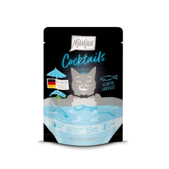 MjAMJAM Cocktails Katzenfutterbeutel mit Cartoon-Katze in einer Schale mit Sonnenschirm; sichtbarer Text "MjAMJAM", "Cocktails", "Gezupftes Lachsfilet".