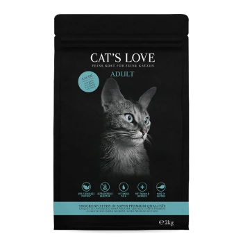 Schwarzer Sack "CAT'S LOVE" Trockenfutter für Katzen, mit einer silbernen Katze mit blauen Augen, die Lachs als Hauptzutat hervorhebt.