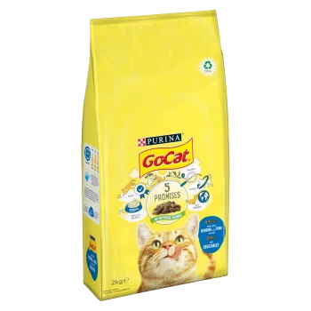 Yellow bag of Purina GoCat cat food, featuring a cat licking its lips, labeled "5 Promises," with "Herring & Tuna" and "Vegetables" on the front.