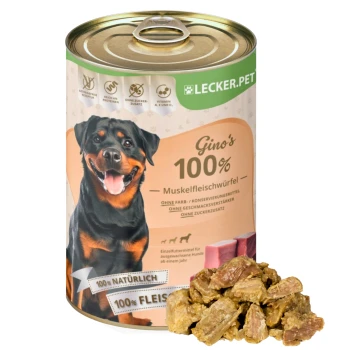 Eine Dose Hundefutter mit der Aufschrift "Gino's 100% Muskel Fleischwürfel" mit einem lächelnden Rottweiler, der "100% natürlich" und "100% Fleisch" angibt.