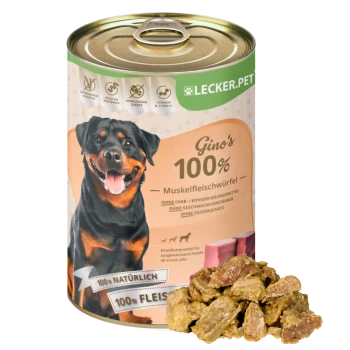 Eine Dose Hundefutter mit der Aufschrift "Gino's 100% Muskel Fleischwürfel" mit einem lächelnden Rottweiler, der "100% natürlich" und "100% Fleisch" angibt.