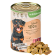 Eine Dose Hundefutter mit der Aufschrift "Gino's 100% Muskel Fleischwürfel" mit einem lächelnden Rottweiler, der "100% natürlich" und "100% Fleisch" angibt.