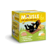MAUSLE Katzen-Mix-Box: verspielte schwarze Katze auf einer Picknickdecke mit Snacks aus Huhn, Truthahn, Thunfisch, Leberwurst, Cheddar und Gouda.
