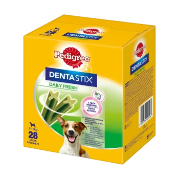 Friandises pour chiens Pedigree DentaStix Daily Fresh, 28 bâtonnets pour chiens pesant entre 5 et 10 kg, avec une boîte verte au design en forme d'étoile.