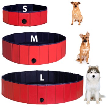 Drei rote Tierspielzäune mit den Bezeichnungen S, M und L, mit marineblauen Innenräumen, neben Bildern eines braunen Hundes und eines Huskys.