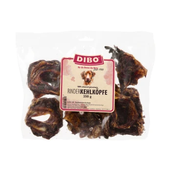 krtanie wołowe krojone 2 x 250 g Przysmak z suszonej tchawicy wołowej DIBO dla psów, opakowanie 250g, z przezroczystą plastikową torbą z kilkoma kawałkami produktu w środku.