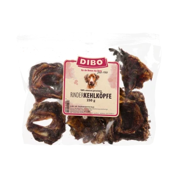 Friandises de trachée de boeuf séchées DIBO pour chiens, paquet de 250g, présentant un sac en plastique transparent avec plusieurs morceaux du produit à l'intérieur.
