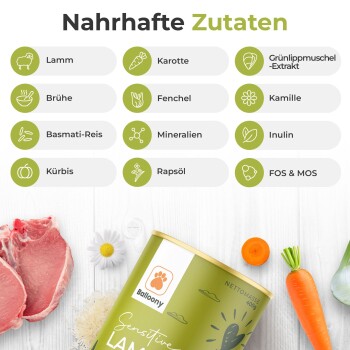 Eine Dose Tiernahrung mit der Aufschrift "Sensitive Lamm" von Balloony, die Lamm, Karotten, Kürbis und eine Liste nahrhafter Zutaten zeigt.