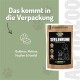 Verpackung für 'Seelenruhe' Hundetabletten von Alphazoo, mit umweltfreundlichen Ansprüchen, chemiefrei und für alle Hunderassen geeignet.
