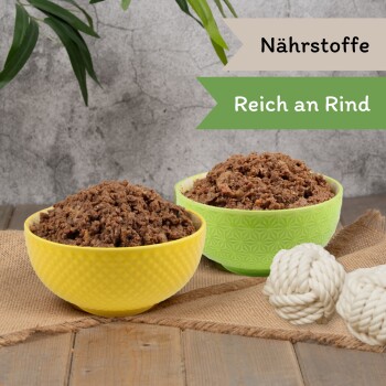 Zwei Schalen mit Tiernahrung—gelb und grün—gefüllt mit braunem Fleisch, neben weißen Seilspielzeugen. Text: "Nährstoffe" und "Reich an Rind."