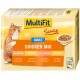 Katzenfutterverpackung mit einer roten Katze, beschriftet mit "MultiFit Sauce Adult Chicken Mix", mit Geschmäckern wie Geflügel, Huhn, Truthahn und Leber.