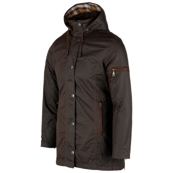 Braune Kapuzenjacke mit kariertem Futter, vorderen Druckknöpfen und Reißverschlusstaschen an Seite und Ärmel.