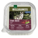 A pet food packaging featuring a wolf in a forest, labeled "WILDERNESS ADULT PURE HORSE," with 95% horse meat, 5% vegetables, and 0% grains.