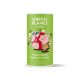 Dose mit veganen Haustiersnacks von FRED, die ein buntes Design mit einer Cartoon-Erde und einem Snackstück zeigt, mit der Aufschrift "Erdbeere & Kokos."
