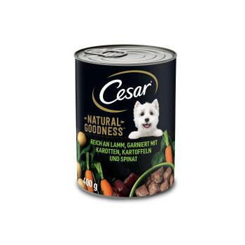 Cesar 'Natural Goodness' 400 g hondenvoerblik met afbeelding van een Westie; etiket 'Reich an Lamm' met wortels, aardappelen en spinazie.