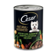 Boîte de 400 g de nourriture pour chiens Cesar «Natural Goodness» avec image d'un Westie ; l'étiquette indique «Riche en agneau» avec carottes, pommes de terre et épinards.