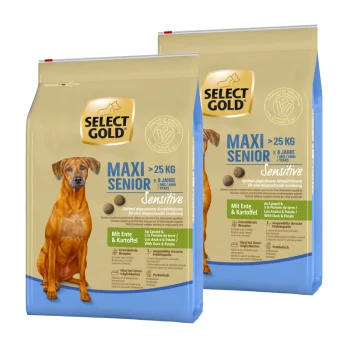 Zwei Beutel Select Gold "MAXI SENIOR" Hundefutter für Hunde über 25 kg, ab 8 Jahren, mit einer sensiblen Ente und Kartoffel-Formel.