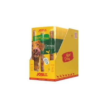 JOSI Hundesnacks für erwachsene Hunde, Hühnergeschmack, mit einem Golden Retriever auf der Verpackung, 95% Fleischanteil, getreidefrei.