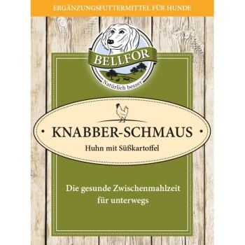 Bellfor-Hundezusatzverpackung mit "Knabber-Schmaus" mit Huhn und Süßkartoffel, gekennzeichnet als gesunder Snack für unterwegs.