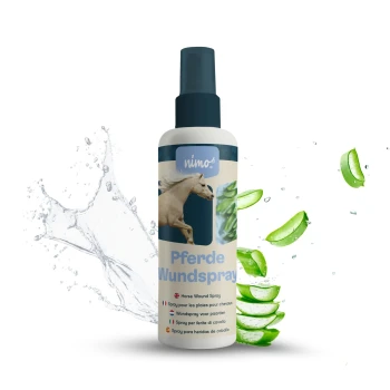 Flasche mit nimo Pferde Wundspray, einem Wundspray für Pferde, mit einem Pferdebild und Aloe-Vera-Blättern, umgeben von Wasserspritzern.