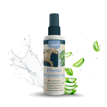 Flasche mit nimo Pferde Wundspray, einem Wundspray für Pferde, mit einem Pferdebild und Aloe-Vera-Blättern, umgeben von Wasserspritzern.
