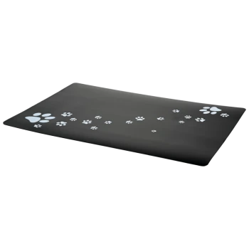 Black pet mat with light blue paw print designs scattered across the surface.
