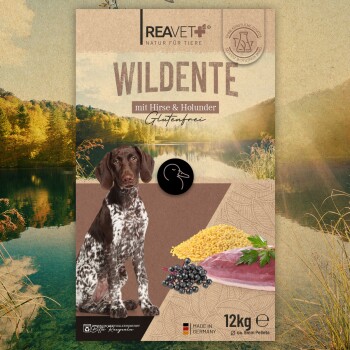 Hundfutterverpackung mit "WILDENTE mit Hirse & Holunder," glutenfrei, 12kg, mit einer Hundillustration und natürlichem Hintergrund.