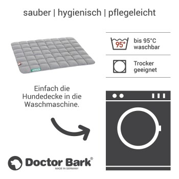 Graue Hundedecke mit gestepptem Design, beschriftet mit 'Doctor Bark', mit Waschhinweisen: maschinenwaschbar bis 95°C und trocknergeeignet.