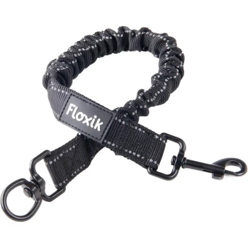 Schwarze Bungee-Hundeleine mit reflektierenden Nähten und einem Metallclip, beschriftet mit "Floxik."