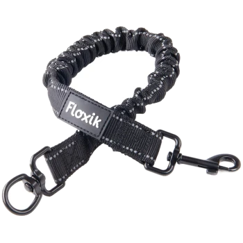 Schwarze Bungee-Hundeleine mit reflektierenden Nähten und einem Metallclip, beschriftet mit "Floxik."