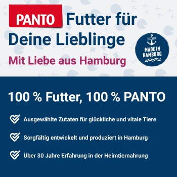 PANTO Haustierfutter-Werbung mit dem Slogan "Futter für Deine Lieblinge" und dem Anspruch auf 100% hochwertige Zutaten, hergestellt in Hamburg.