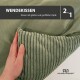 Wendekissen in grün, zeigt glatte und geriffelte Optik, mit Text '2 in 1' und 'Kissen mit glatter und geriffelter Optik'.