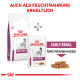 Royal Canin Early Renal Tiernahrung Verpackung, mit Trockenfutter und Nassfutter in Sauce, mit Text, der die Verfügbarkeit hervorhebt.