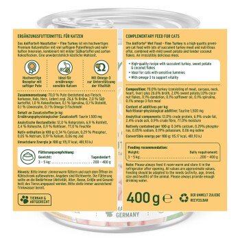 Katzenfutterdose, die Zutaten zeigt: 70% Truthahn, Süßkartoffel, Kokosnussflocken; enthält Nährwertinformationen und Recyclinghinweis.