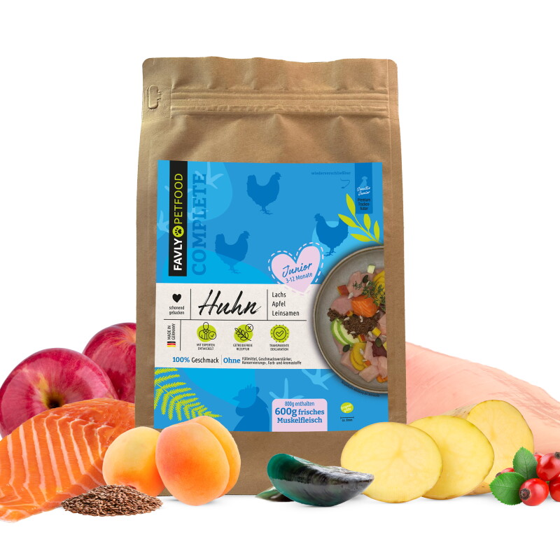 FAVLY Petfood Trockenfutter Huhn mit Lachs, Apfel & Leinsamen (Junior) 2x3 kg