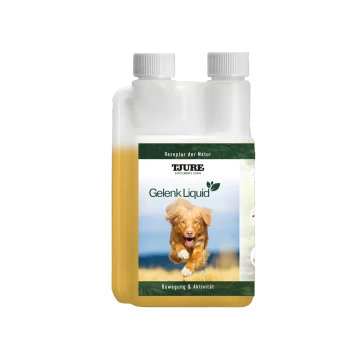 Flasche Gelenk Flüssigkeit für Hunde, mit einem laufenden Golden Retriever auf dem Etikett, mit dem Text 'Bewegung & Aktivität' und 'Rezeptur der Natur'.