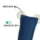 Blaues rechteckiges Spielzeug aus Jeansstoff mit weißen Leder-Ohrkreisen, beschriftet mit 'RINDSLEDER' und 'JEANSSTOFF' und OEKO-TEX-Logo.