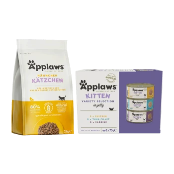 Applaws natürliche Katzenfutterverpackung für Kätzchen, Trockenfutterbeutel und Sortimentsauswahl in Geleedosen.