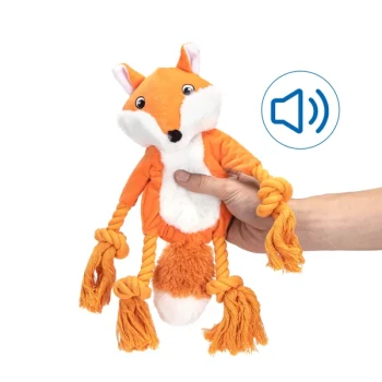 Ein plüschiger orangefarbener Fuchsspielzeug mit Seilarmen, gehalten von einer Hand, mit einem Geräuschsymbol, das anzeigt, dass es Geräusche macht.
