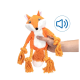Ein plüschiger orangefarbener Fuchsspielzeug mit Seilarmen, gehalten von einer Hand, mit einem Geräuschsymbol, das anzeigt, dass es Geräusche macht.