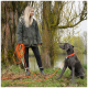 Person in grüner Jacke hält eine orangefarbene Leine, die an einem sitzenden grauen Hund am Flussufer mit Bäumen befestigt ist.