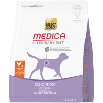 Sac de croquettes Select Gold Medica Veterinary Diet, silhouette de chien violette, « Schonkost Gastrointestinal », 2,5 kg.