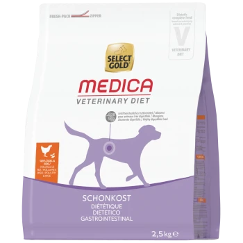 Sac de croquettes Select Gold Medica Veterinary Diet, silhouette de chien violette, « Schonkost Gastrointestinal », 2,5 kg.