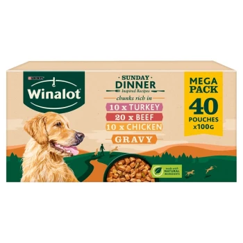 Winalot dog food mega pack featuring 40 pouches (100g each) with flavors: 10 turkey, 20 beef, 10 chicken, served in gravy.
