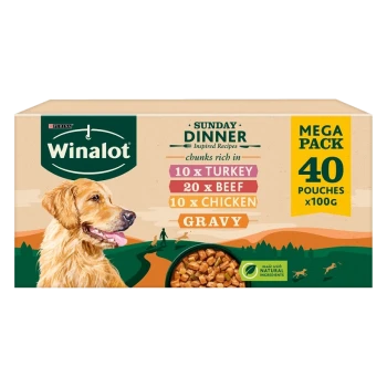Winalot dog food mega pack featuring 40 pouches (100g each) with flavors: 10 turkey, 20 beef, 10 chicken, served in gravy.