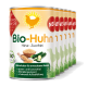Dosen mit biologischem Hühner-Hundefutter, beschriftet mit "Bio-Huhn", mit Zutaten wie Hirse und Zucchini, die gluten- und laktosefrei sind.